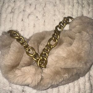 Faux Fur Chain-Trim bag in Taupe with Gold Chain